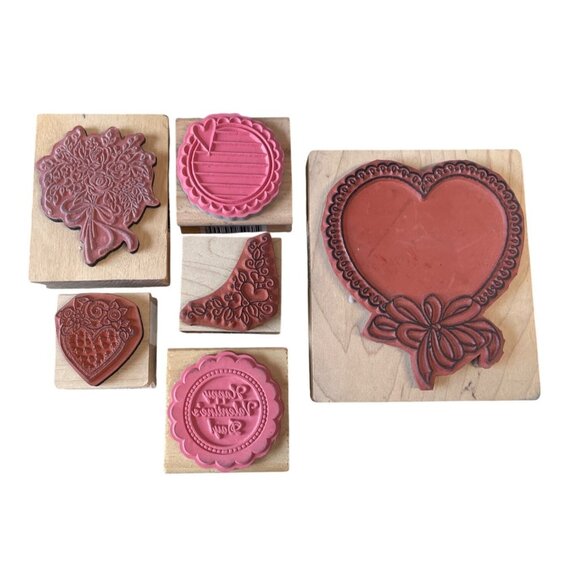 Assorted Rubber Stamp Set Wooden Blocks Valentines Day Floral Designs - Picture 2 of 2